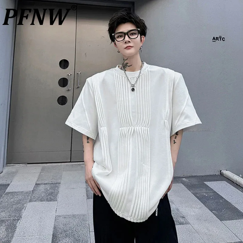 

PFNW 2024 Summer New Men's T-shirt Round Neck Short Sleeve Pleated Knot Decoration Loose Solid Color Versatile Male Top 28W3264