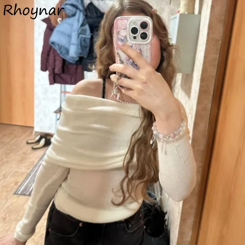 Off Shoulder T-shirts Women Spring Slash Neck Slim Sunscreen Graceful Temperament Korean Clothes All-match Casual Simple Chic