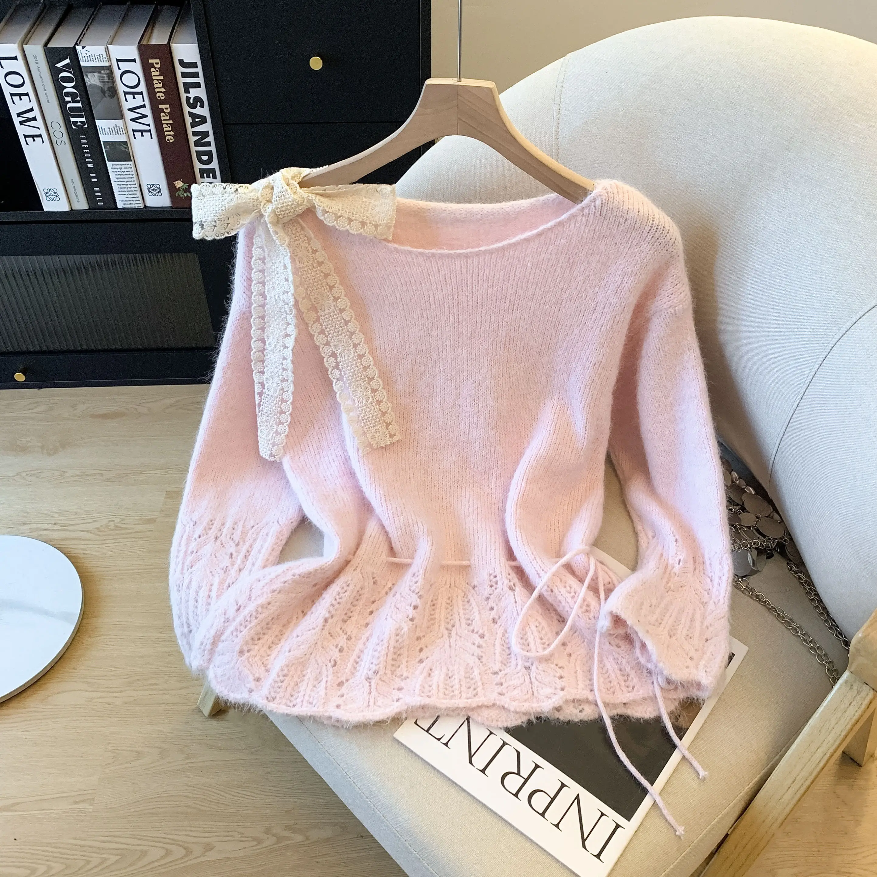 

Фиолетовый вязаный свитер, женский, с застежкой на талии, для похудения, элитный осенний модный свитер для поездок на работу, прямой размер, полиэфирное волокно, длинный рукав