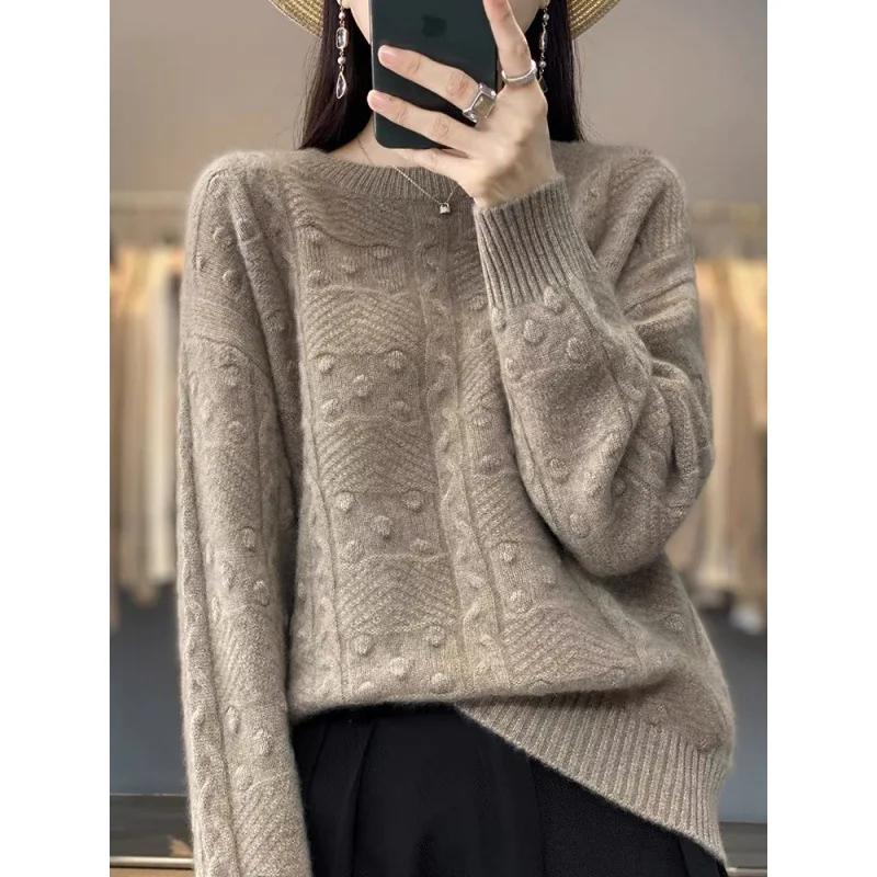 Women's Autumn Winter Pullover Round Neck Solid Screw Thread Paisley Lantern Long Sleeve Sweater Knitted Casual Elegant Tops