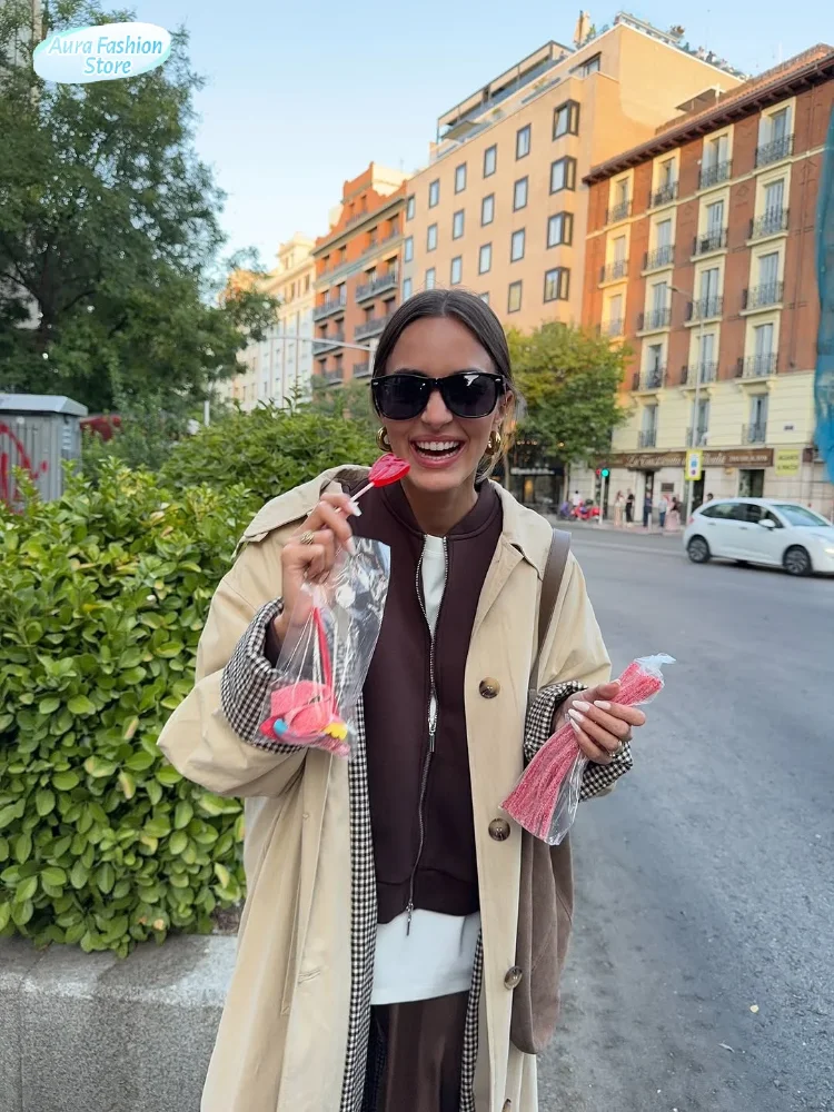 

Women's Khaki Lapel Long Trench Coat Elegant Full Sleeves Single Breasted Loose Coats 2025 Autumn Lady Office Commuting Outwear