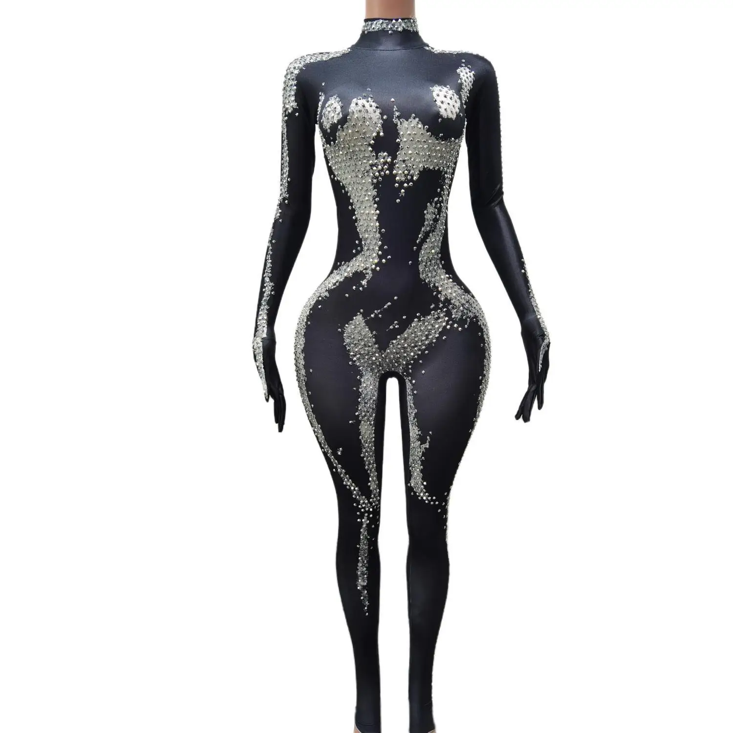 

Sparkly Rhinestones Printed Jumpsuit Elastic Skinny Long Sleeve Pole Dance Leotard Women Birthday Party Celebrate Costume Youqi