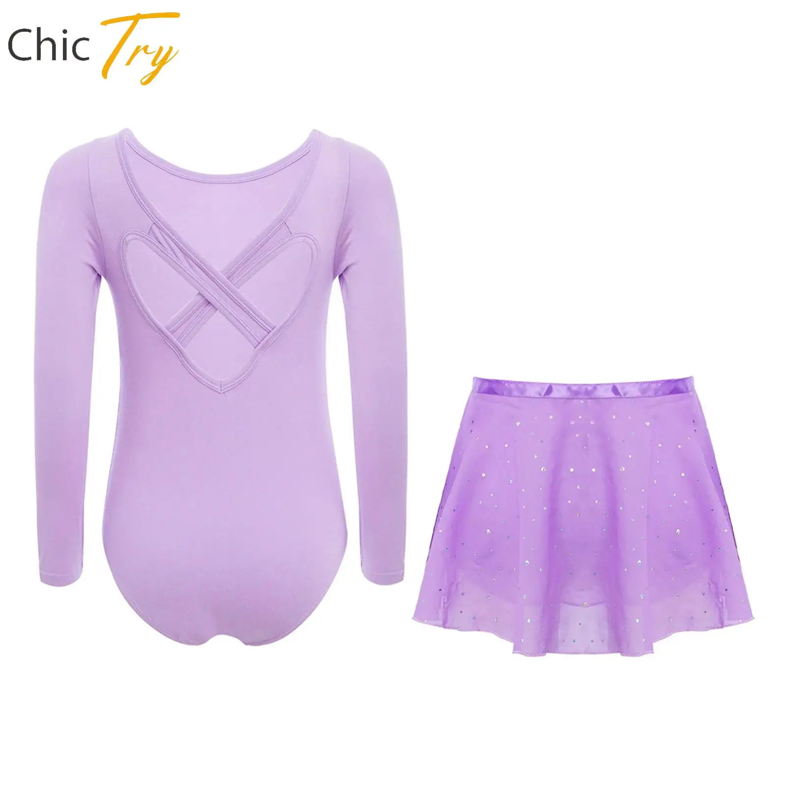 

Kids Girls Ballet Dance Outfit Princess Dress Long Sleeves Gymnastics Leotard+Sequins Skirt 2-piece Set for Stage Performance