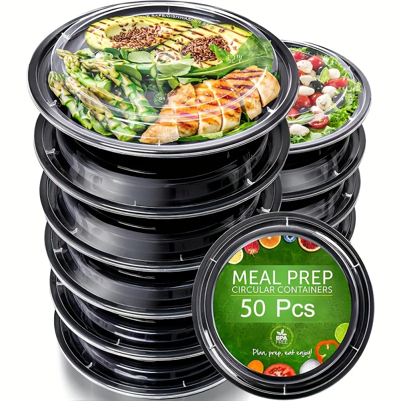 20/50pcs Disposable Lunch Boxes, Stackable Round Plastic Salad Bowl, Refrigerator Microwave Tableware Food Storage Container