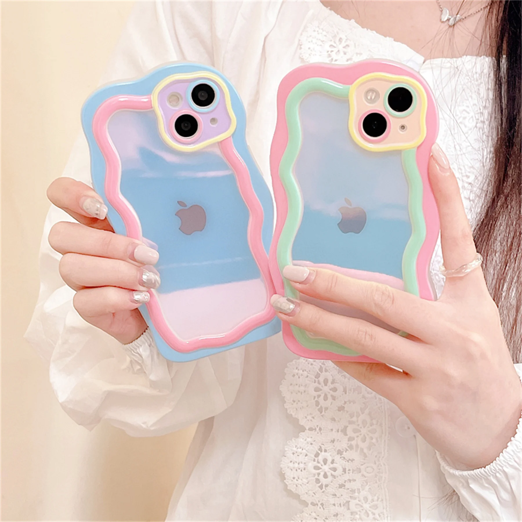 Cute Korean Candy Color Laser Gradual Change Wavy Irregular Clear Case for iPhone 16 15 14 13 12 Pro Max Kawaii Shockproof Cover