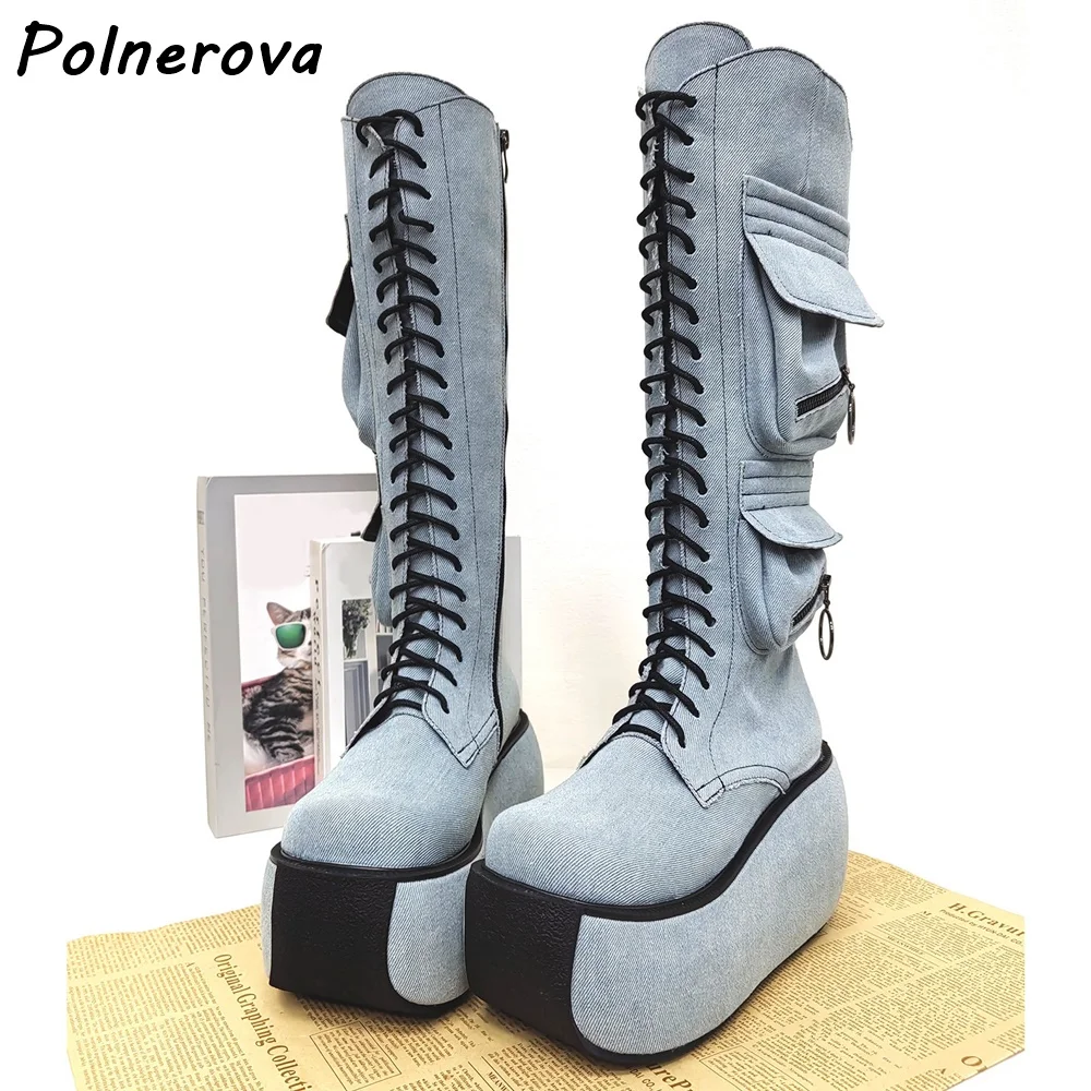 Y2K Denim Pocket Platform Wedge Boots Gothic Lace-Up Cargo Combat Knee High Boots with Zipper Pockets Patchwork Winter Shoes