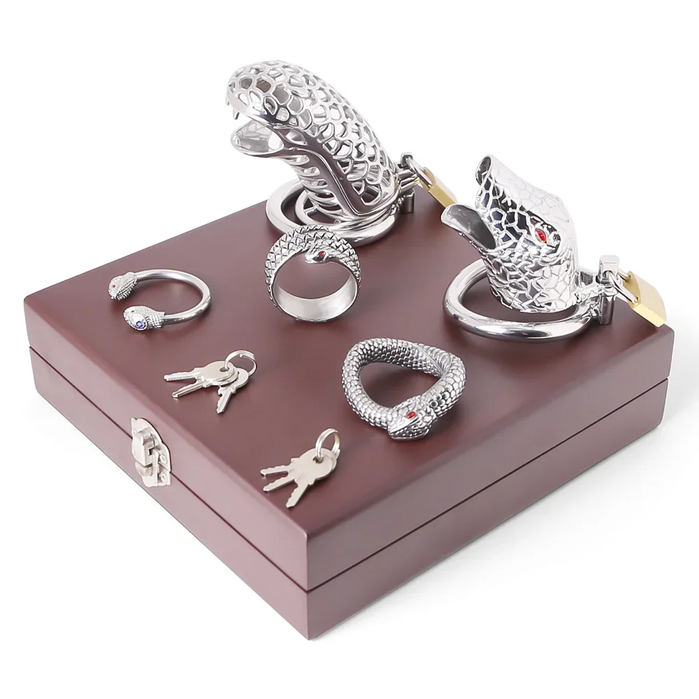 

Stainless Steel Cobra Chastity Device Set Cock Cage Penis Ring Snake Glans Ring Kit with Wooden Box BDSM fetish Sex Toy