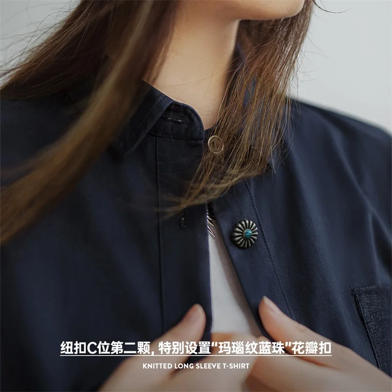 Maden Denim Pocket Patchwork Shirt for Women Long-sleeved Casual Jacket Navy Blue Cotton Shirt Fall Blouses Streetwear Tops