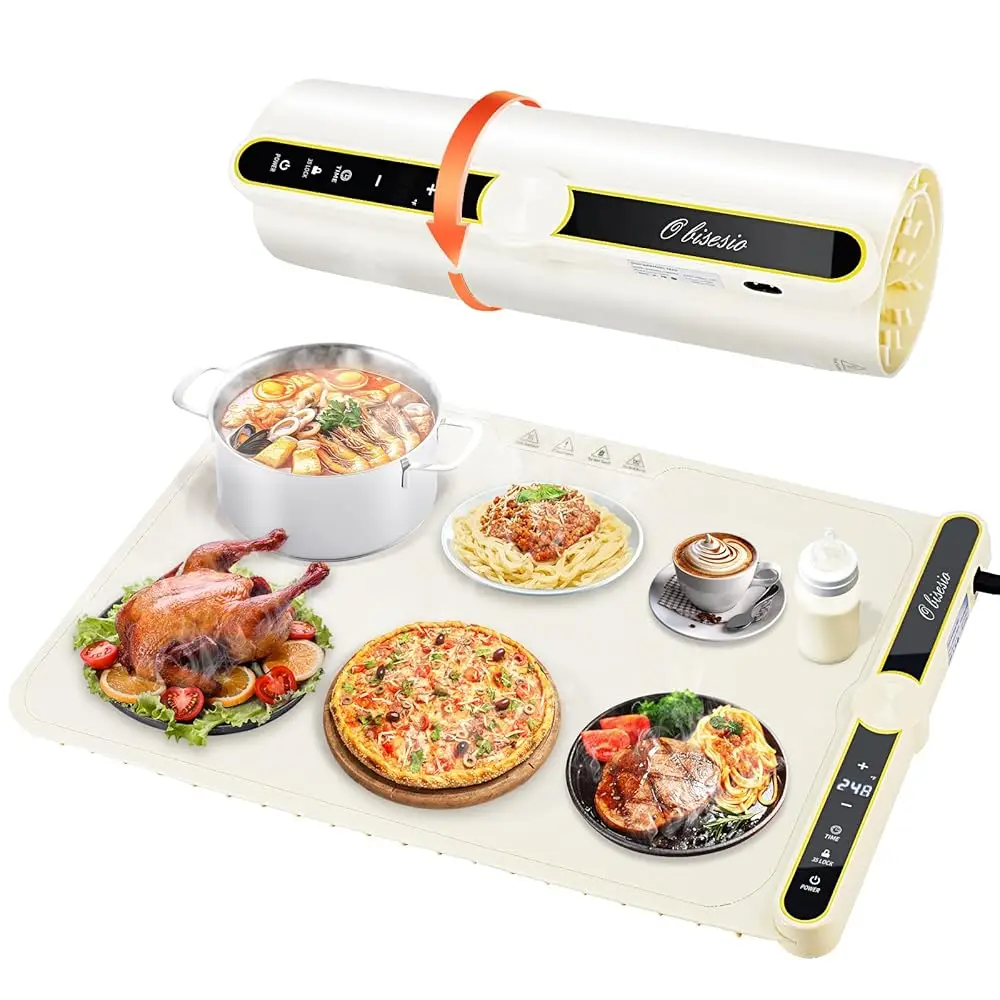 

Food Warmer Tray, Silicone Food Warming Mat With 9 Level Temperature,Child Lo & Auto Shut-Off, Raised Feet Design, Electric