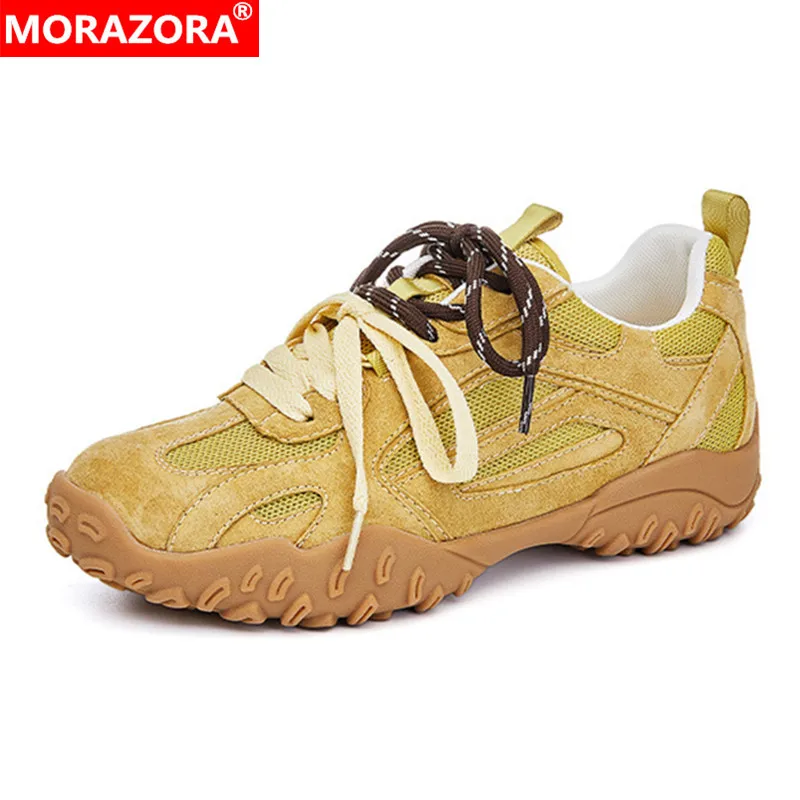 

MORAZORA, размер 35-40 INS, модные замшевые женские сандалии на шнуровке, желтые, серебристые, весенне-летние повседневные туфли на плоской подошве