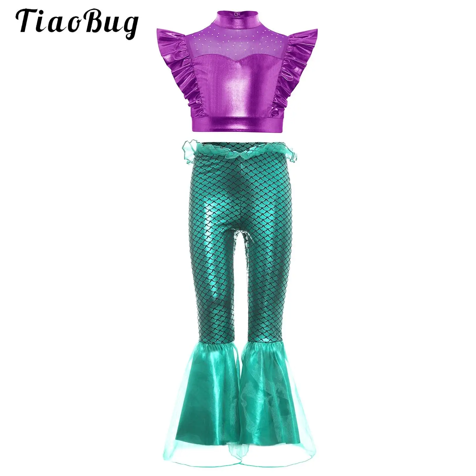 Kids Mermaid Princess Costume Set Girls Rhinestone Ruffle Metallic Crop Tank Tops with Fish Scales Print Bottoms Flared Pants