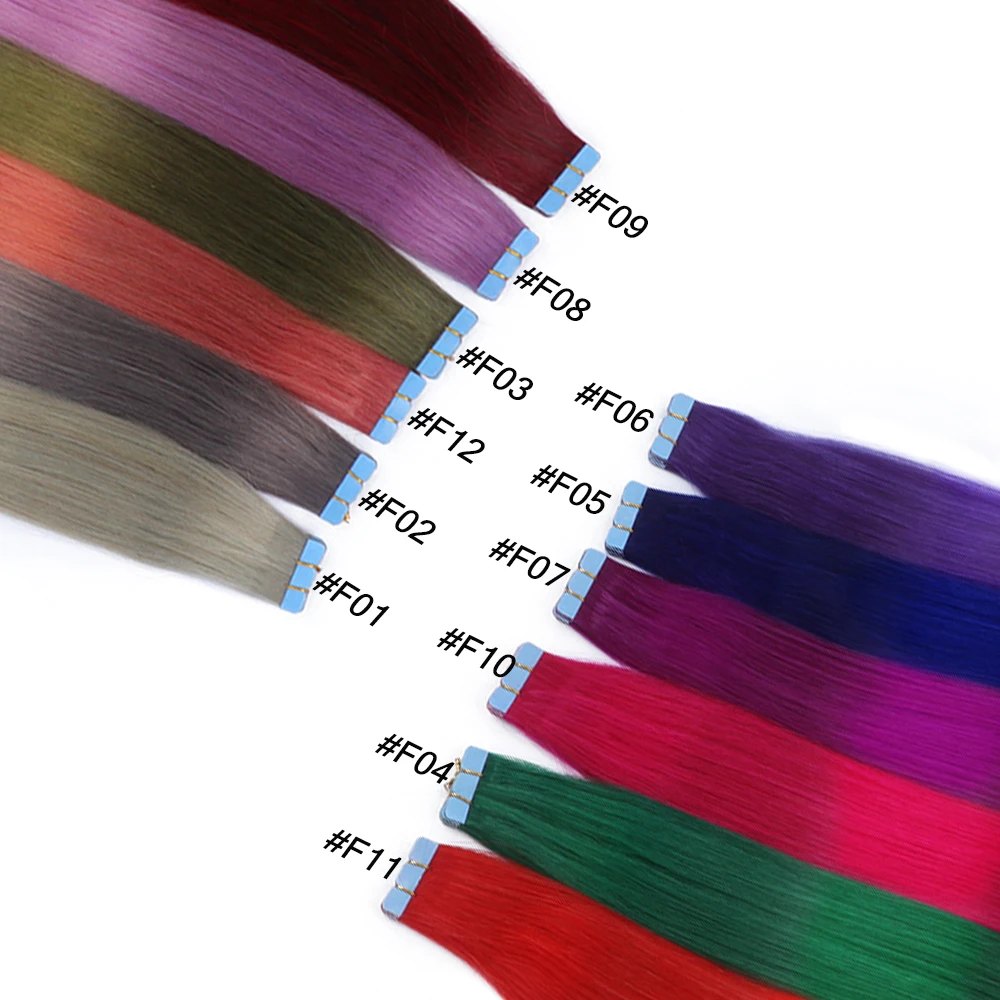 وصلات شعر ملونة شريط غير مرئي في شعر بشري حقيقي ملون لحمات جلدية سلسة شعر مستقيم 12-20 بوصة