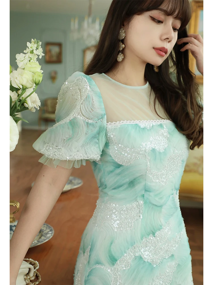 

88-96cm Spring Summer Birthday Party Blue Dresses Women Vintage Elegant Slim Luxury Embroidery Beadings Shiny Sequins Long Dress