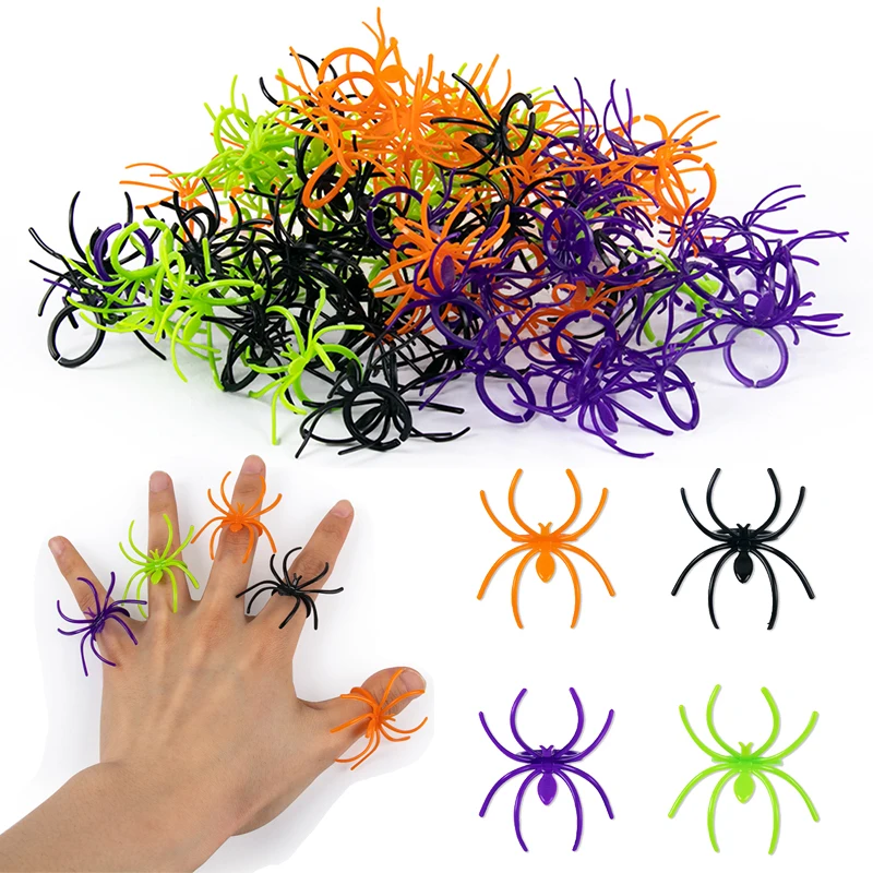 20/40pcs Halloween Mini Plastic Spider Rings Black Spider Cupcake Topper for kid Trick Or Treat Halloween Party Decor Prank Prop