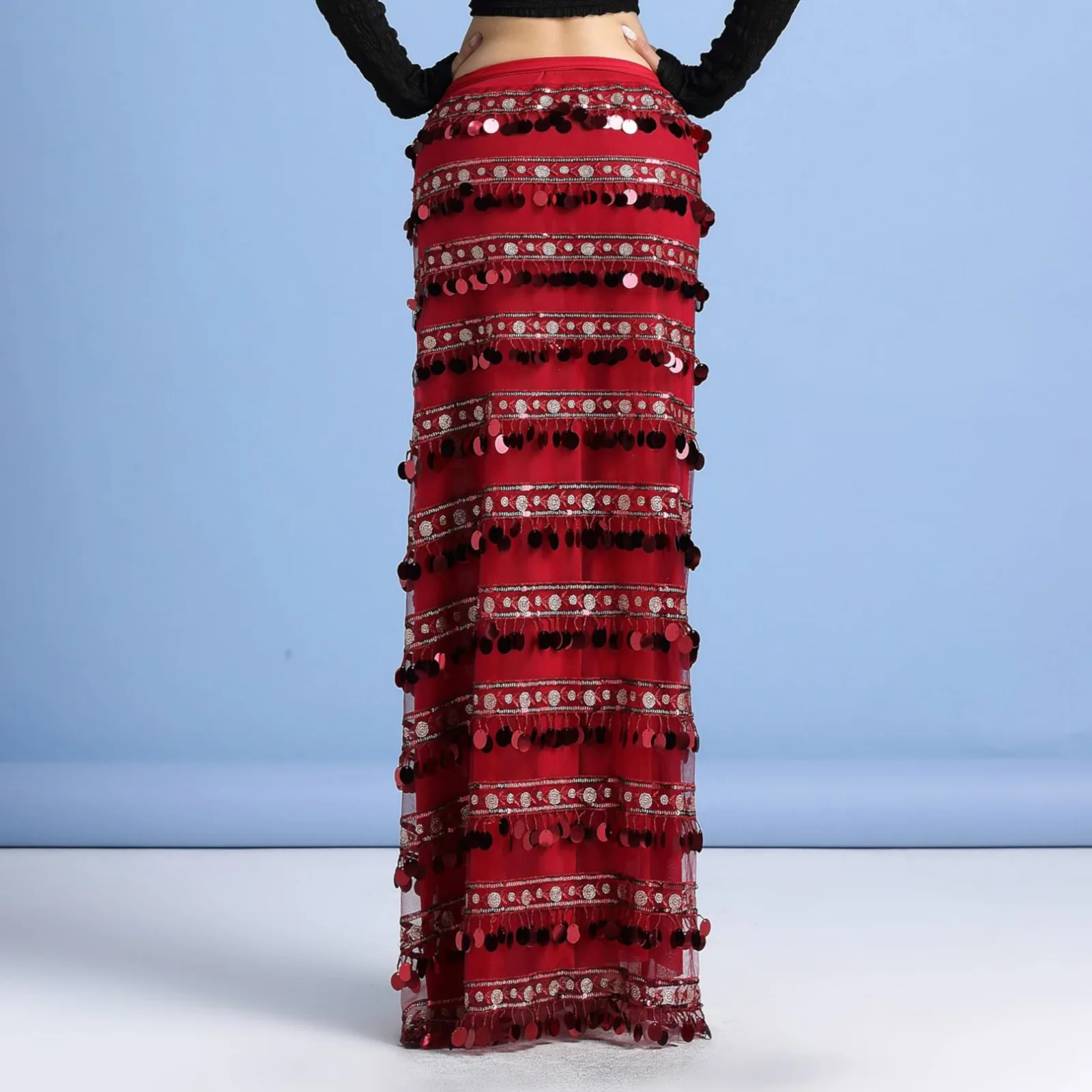 Women Belly Dance Costume Tribal Dance Sequins Slit Long Skirt Bellydance for Halloween Carnival Performance Practice Outfit