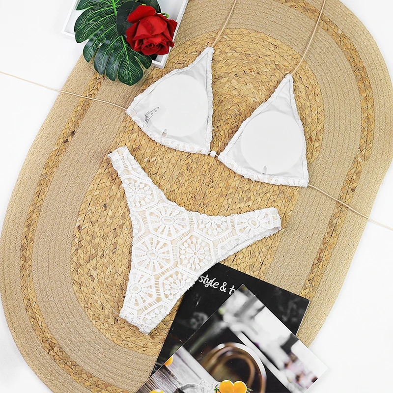 Sexy White Lace 3 Pieces Bikinis 2025 Women Swimsuit Swimwear Long Sarong Cover Up Bikini Set Beachwear Bathing Suit Swimming