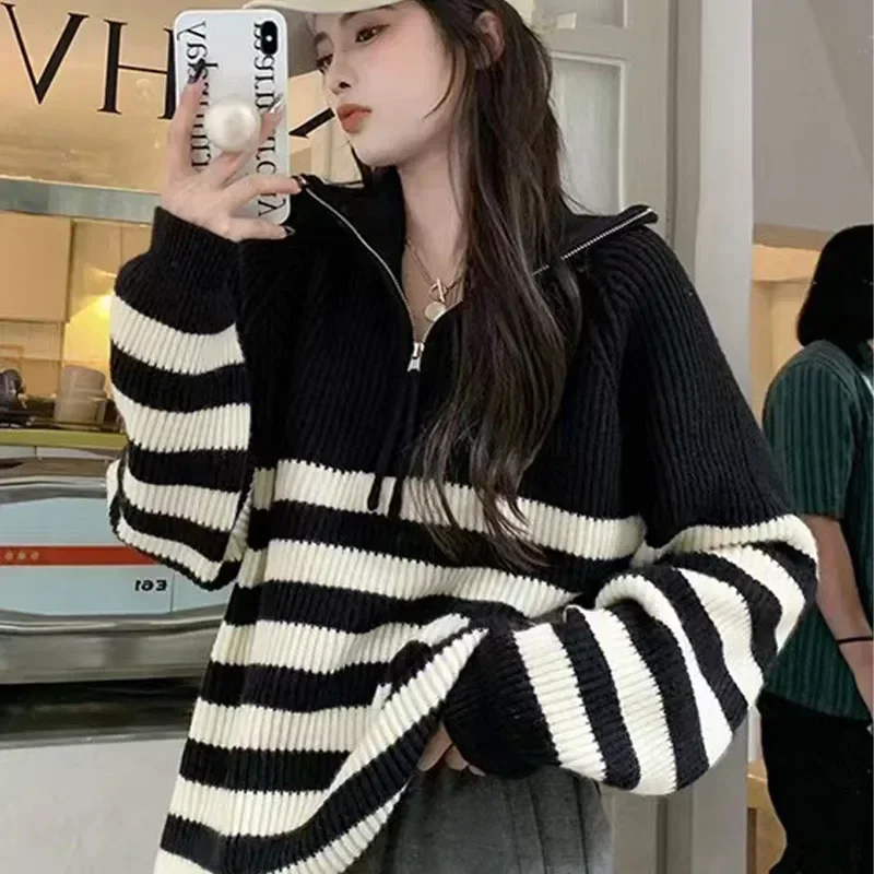 

Stripe Sweater Women Turtleneck Loose Casual Zipper Half Open Collar Pullovers Autumn/Winter Cashmere Supple Knit Top Big Size