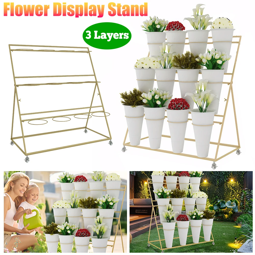 

Подставка для цветов с 12 бочками, 3-слойная металлическая подставка для цветочных баров с колесами, тележка для цветов для внутреннего и наружного использования