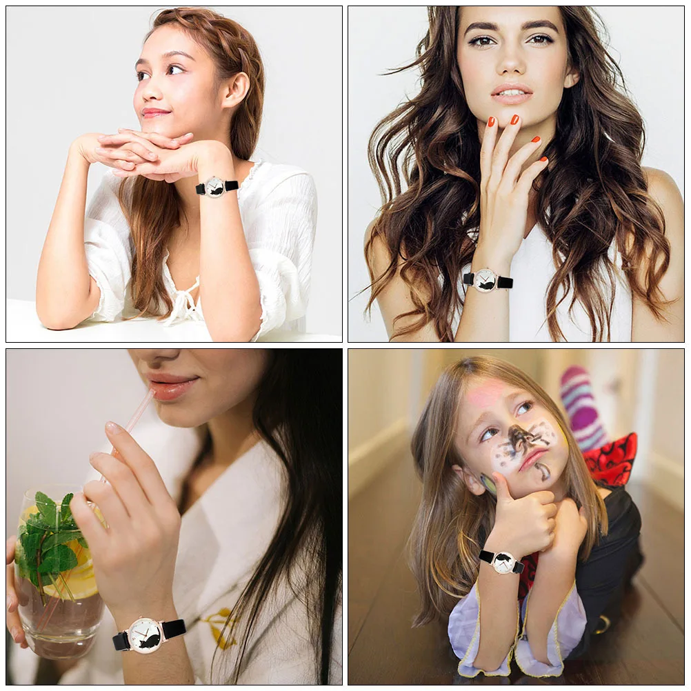 

2Pcs Women Casual Watches Cat Pattern Wrist Watch Adjustable Belt Zinc Alloy Imitation Stylish Female Business