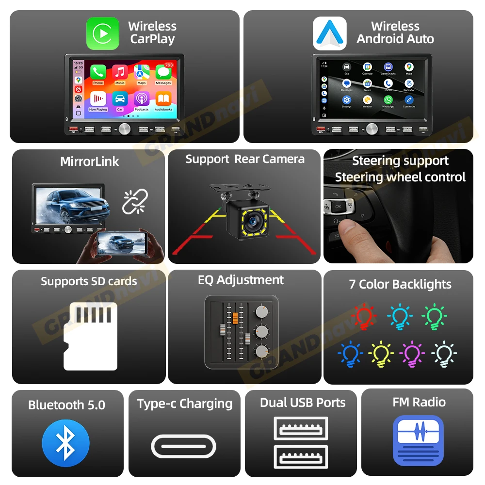 Einstellbarer Bildschirm 1Din MP5 Kabelloses Carplay Android Auto Autoradio FM EQ Mirror Link Universelles Auto-Audio-Multimedia-Player – Detail 5