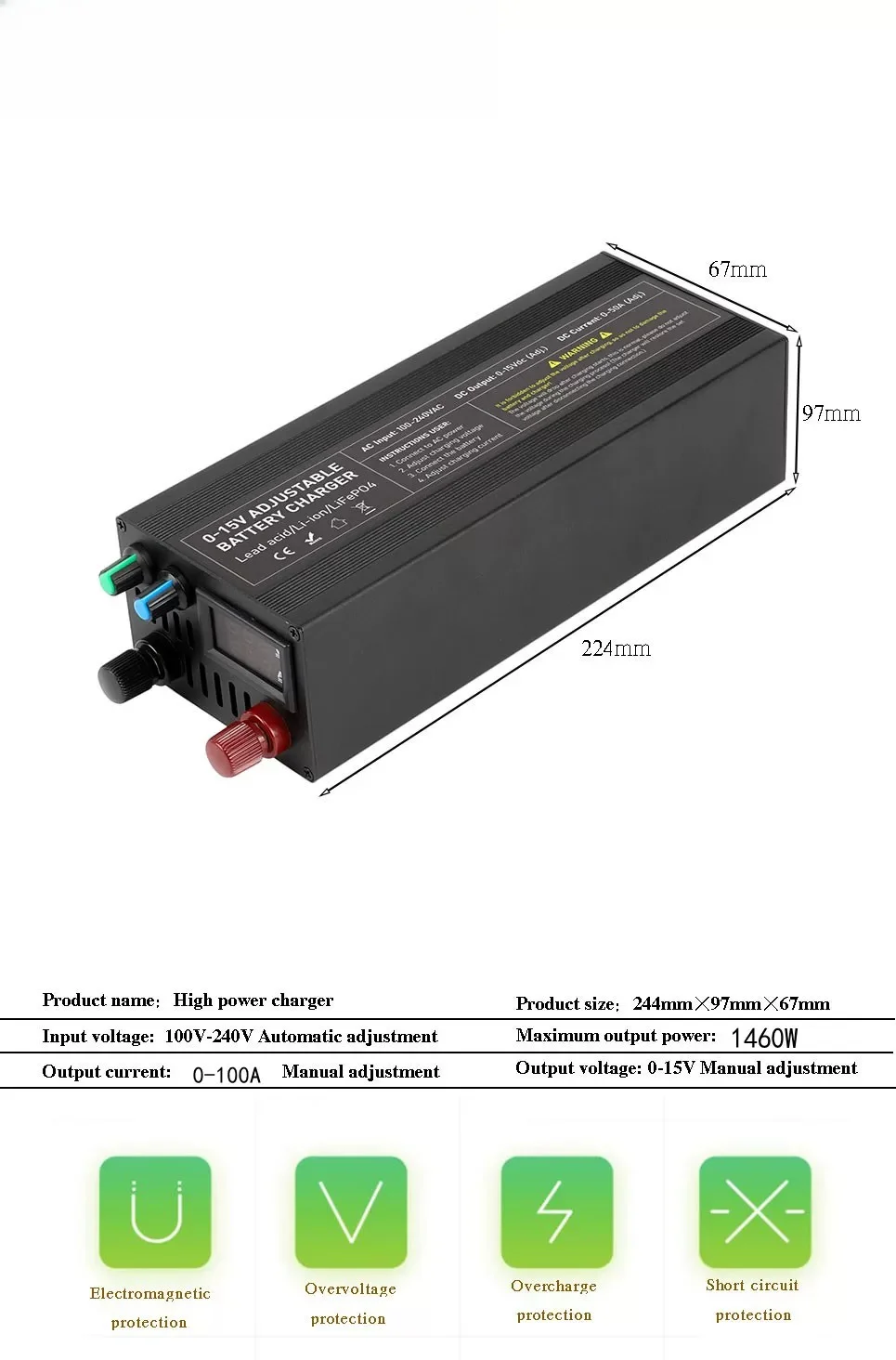 14.6V 85A LiFePO4 Battery Charger/Adapter for 12V Lithium – Adjustable Voltage & Current