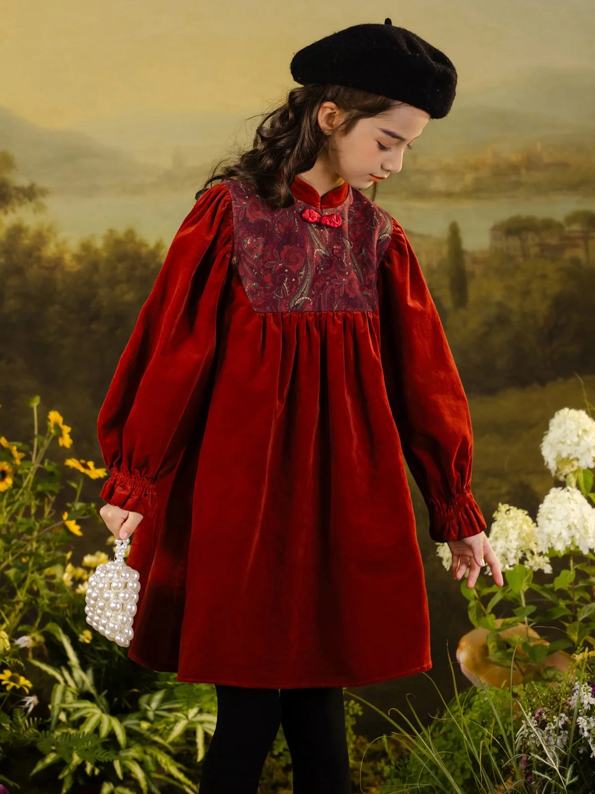 Kids Clothes Girl Autumn New Design Chinese Retro Classic Deep Red Flower Corduroy Full Sleeve Baby Flower Girls Wear 160cm