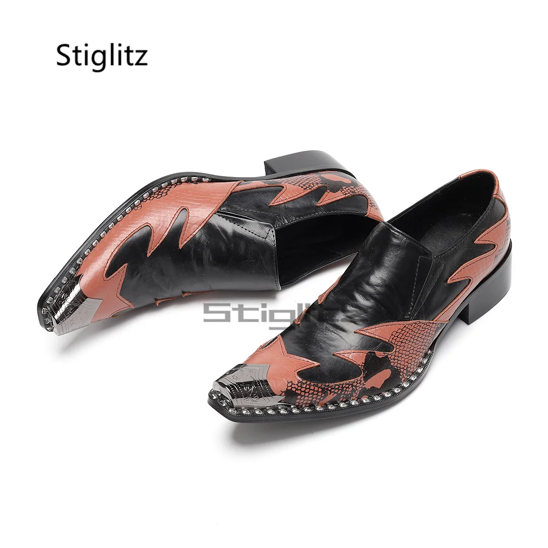 

Totem Patchwork Genuine Leather Shoes Men Metal Pointed Toe Retro British Style High Heels Spring Autumn Party Formal Shoes