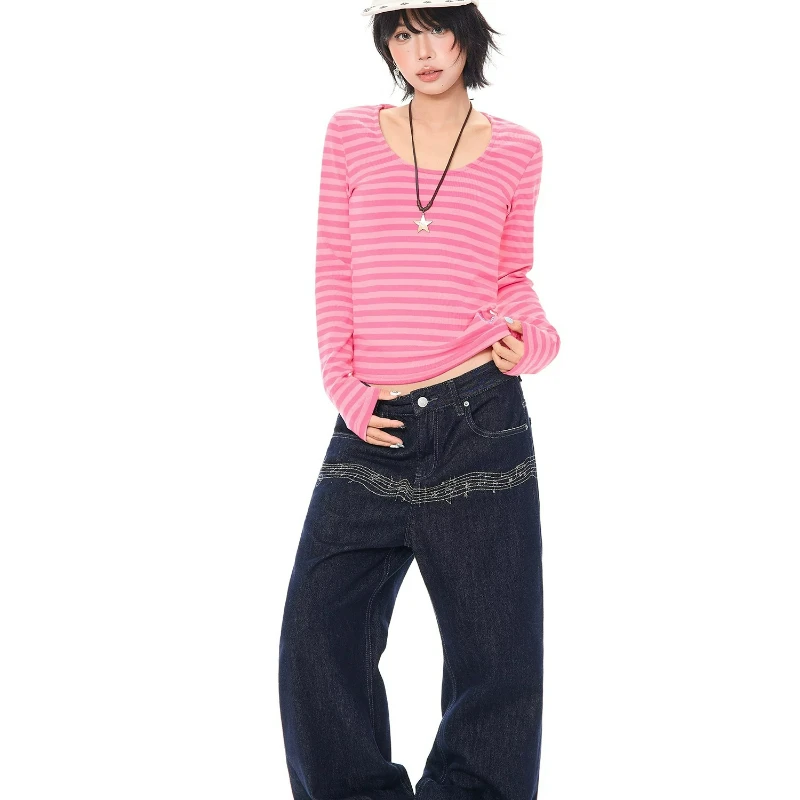 Korean Girl Design Pink Striped U-neck Long-sleeved Women's T-shirt 2026 Autumn New Slimming Versatile Bottoming Shirt Ladies