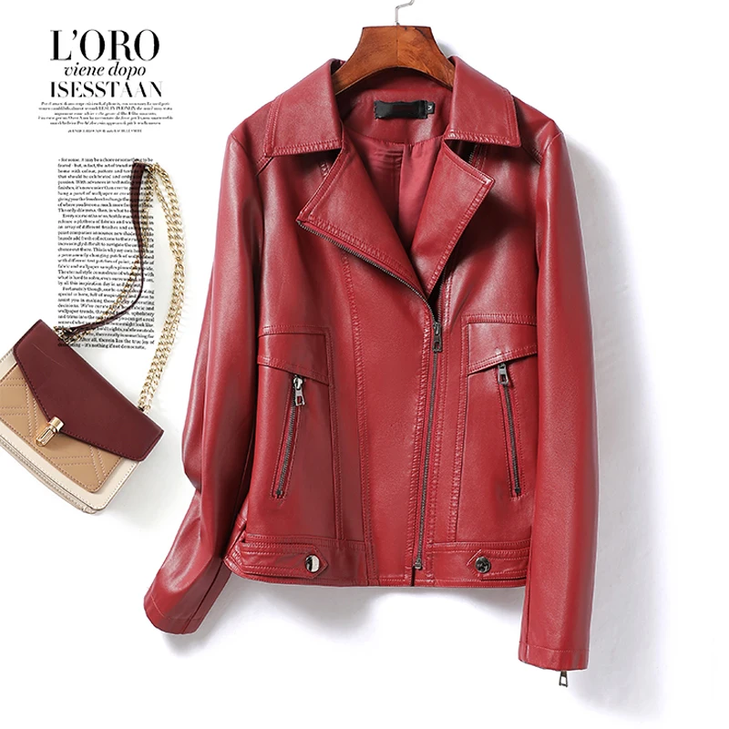 

M-5XL Fashion Wine Red Zipper Moto & Biker Sheepskin Jacket for Women 2024 Autumn Female Lapel Full Sleeve Real Leather Jackets