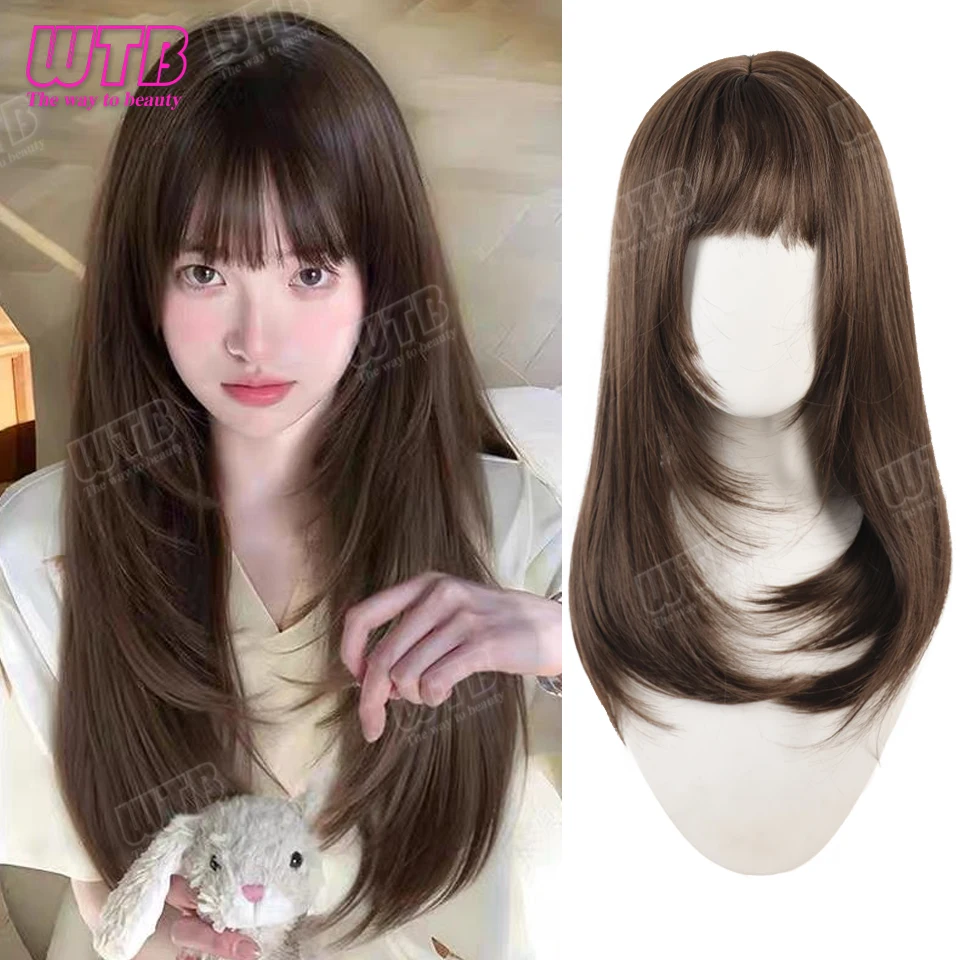 

Wig for Women Black Medium Long Straight Hair Natural Simulation Daily Use Wig with Bangs Long Straight Hair Synthetic Wig