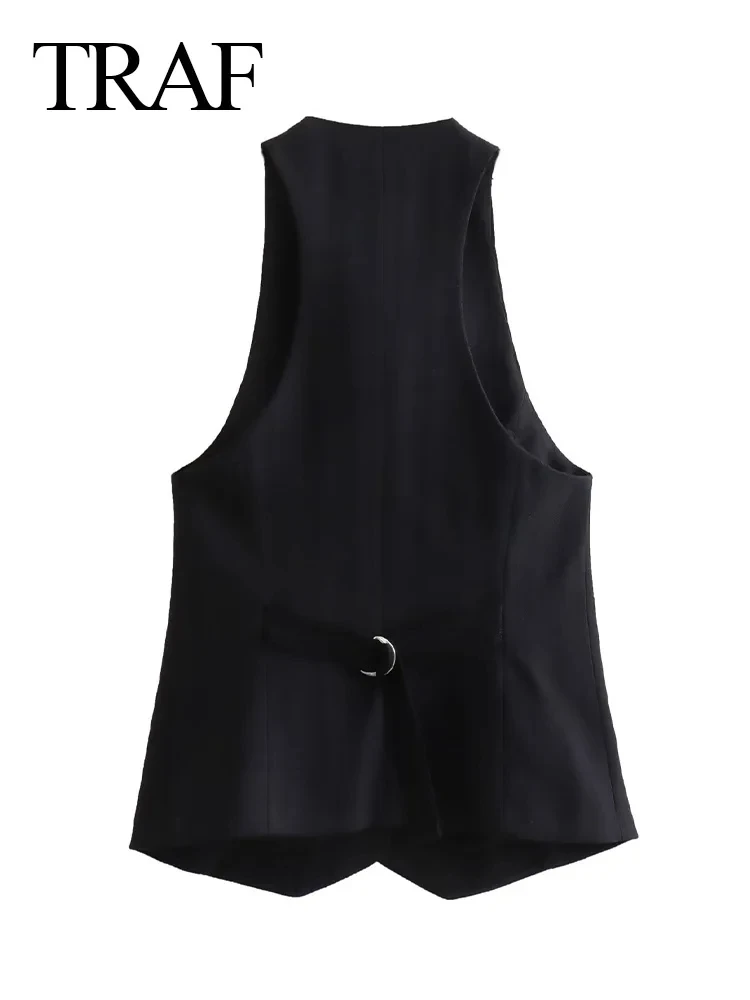 TRAF Fashion Office Ladies Vest Front Single Breasted Tops Outerwear Waistcoat 2024 Vintage Female Solid V Neck Sleeveless