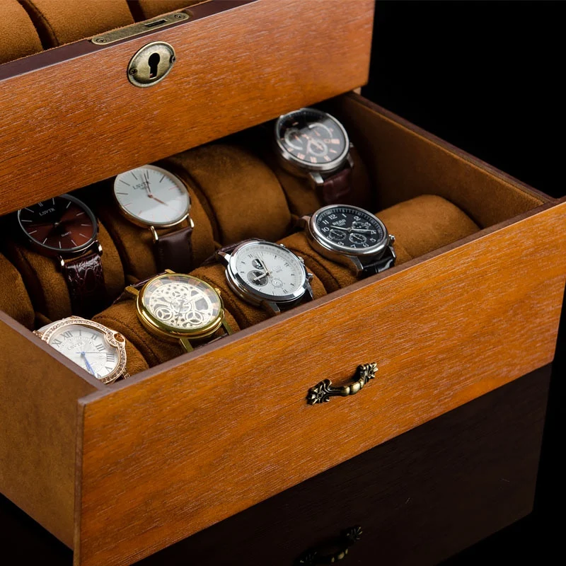 2 Layers Watch Storage Boxes Case Wood Watches Organizer With Lock Men's Watch Display Gift Boxes Jewelry Holder