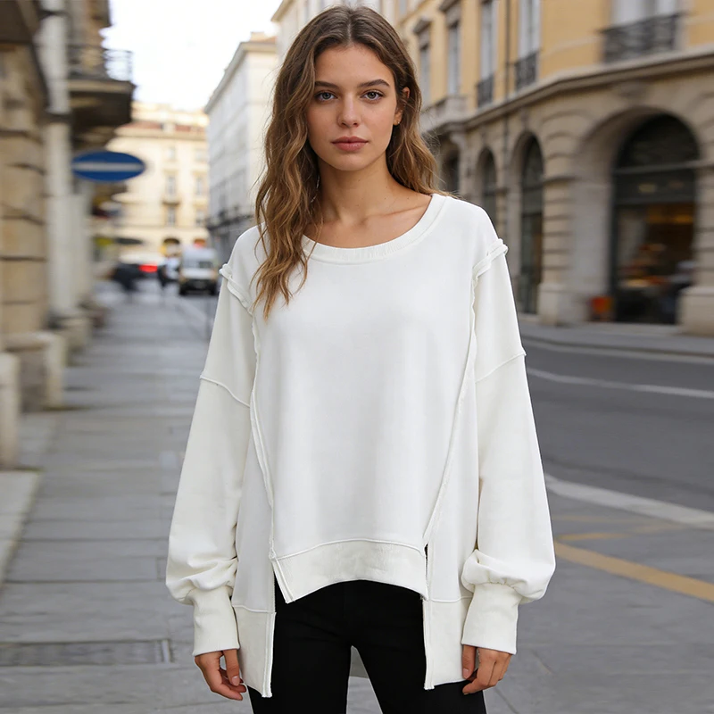 

Женские толстовки большого размера из 100% хлопка, осень-зима, однотонные лоскутные пуловеры с длинными рукавами и открытым боковым капюшоном, уличная одежда в стиле Харадзюку