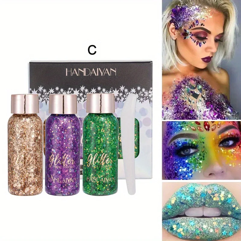 3-kleuren glittergel oogschaduwset voor lippen, ogen, haar, lichaam, gezicht, paars, blauw, groen, goud, perfect voor feestmake-up en decoratie
