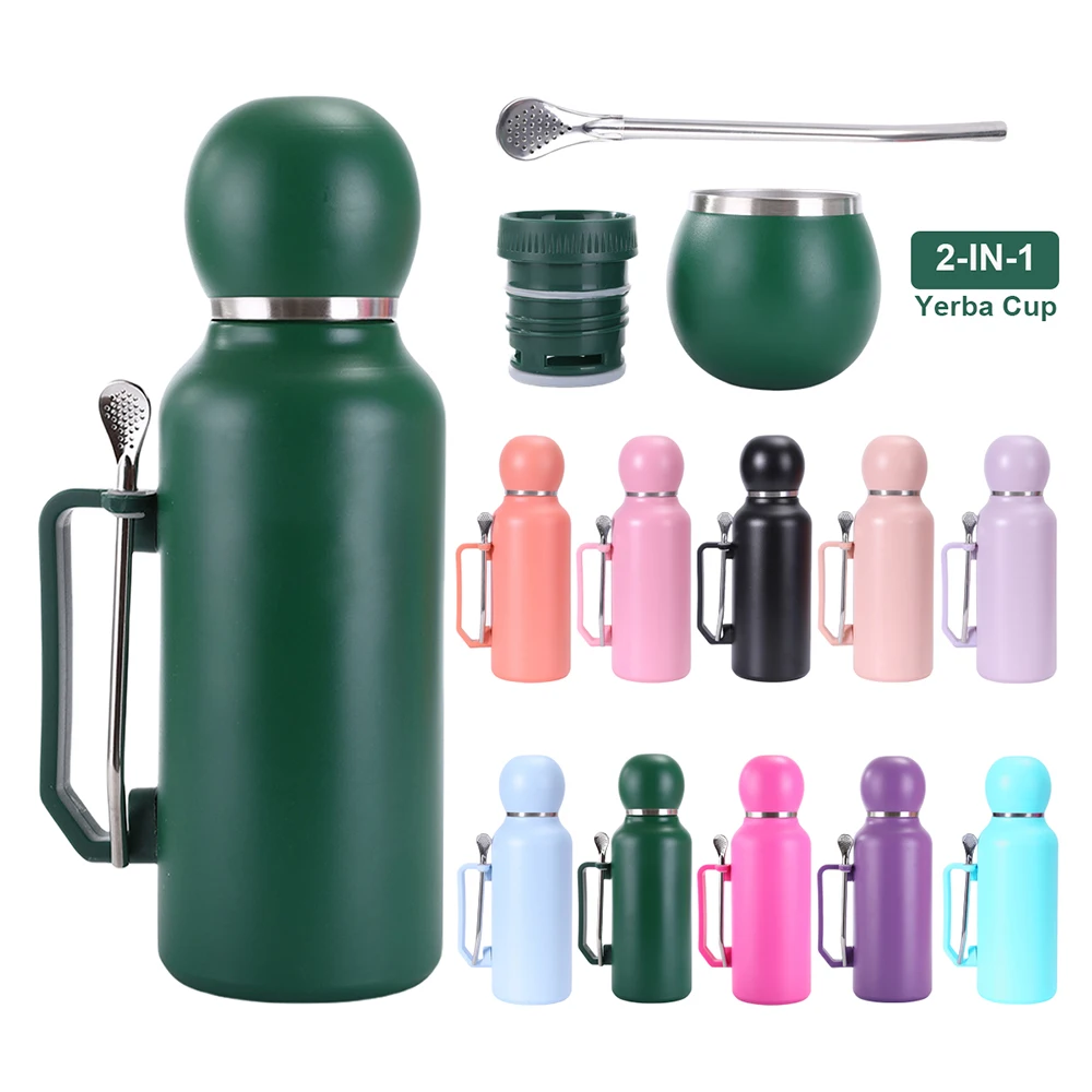 Bouteille isolée de 1300 ml pour Yerba Mate, thermos Yerba Mate à double paroi avec tasse amovible et ensemble combiné de paille bombilla - Portable