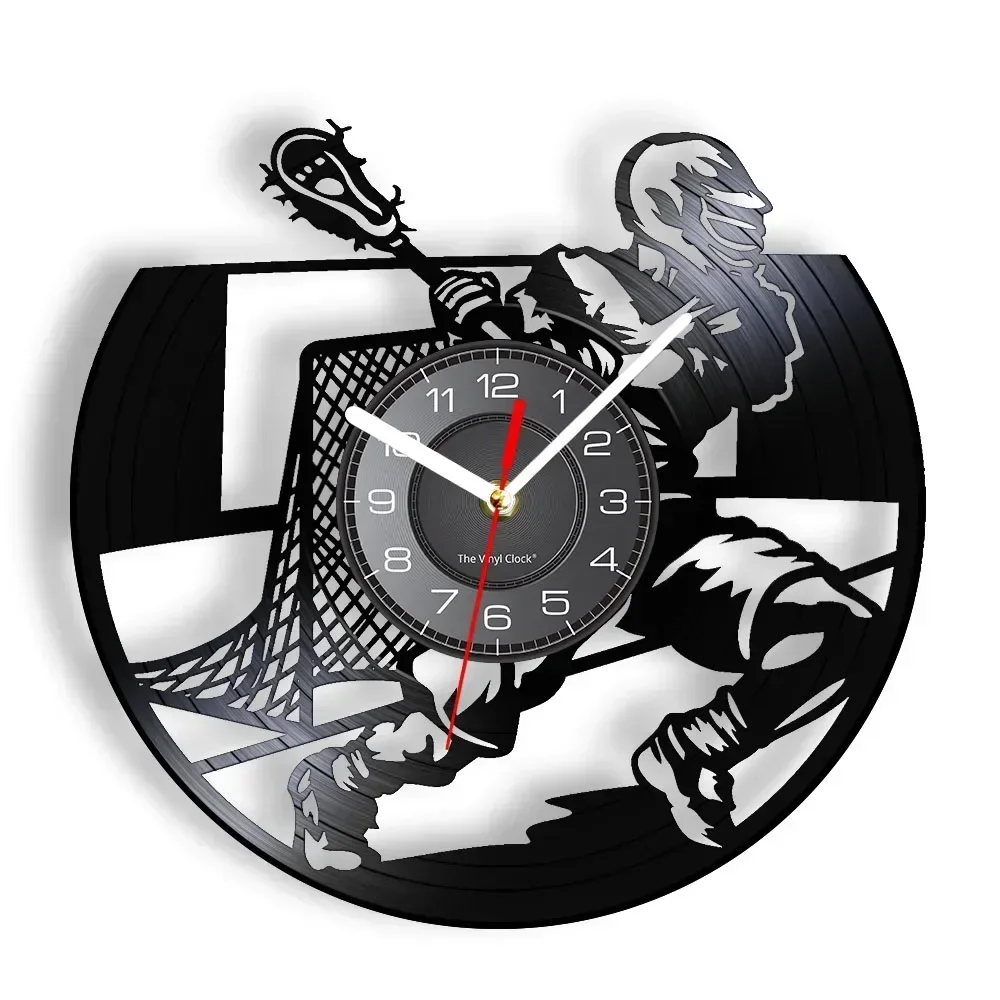 Lacrosse Player Champion Vinyl Album Re-purposed Record Clock Boy Man Cave Room Sport Decor Silent Non Ticking Clock Wall Watch