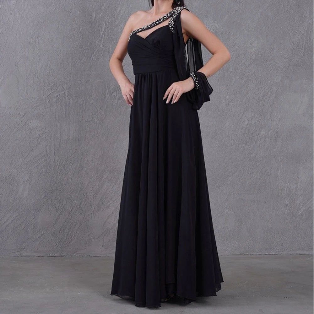 

Customized A-line Evening Dresses Floor-length One-shoulder Sleeveless Prom Gown Fashion Crystal Simple Draped Party Gown
