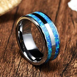 Fashion Silver Color Men's Stainless Steel Rings High Polished Double Groove Blue Opal Inlay Wedding Engagement Rings For Women