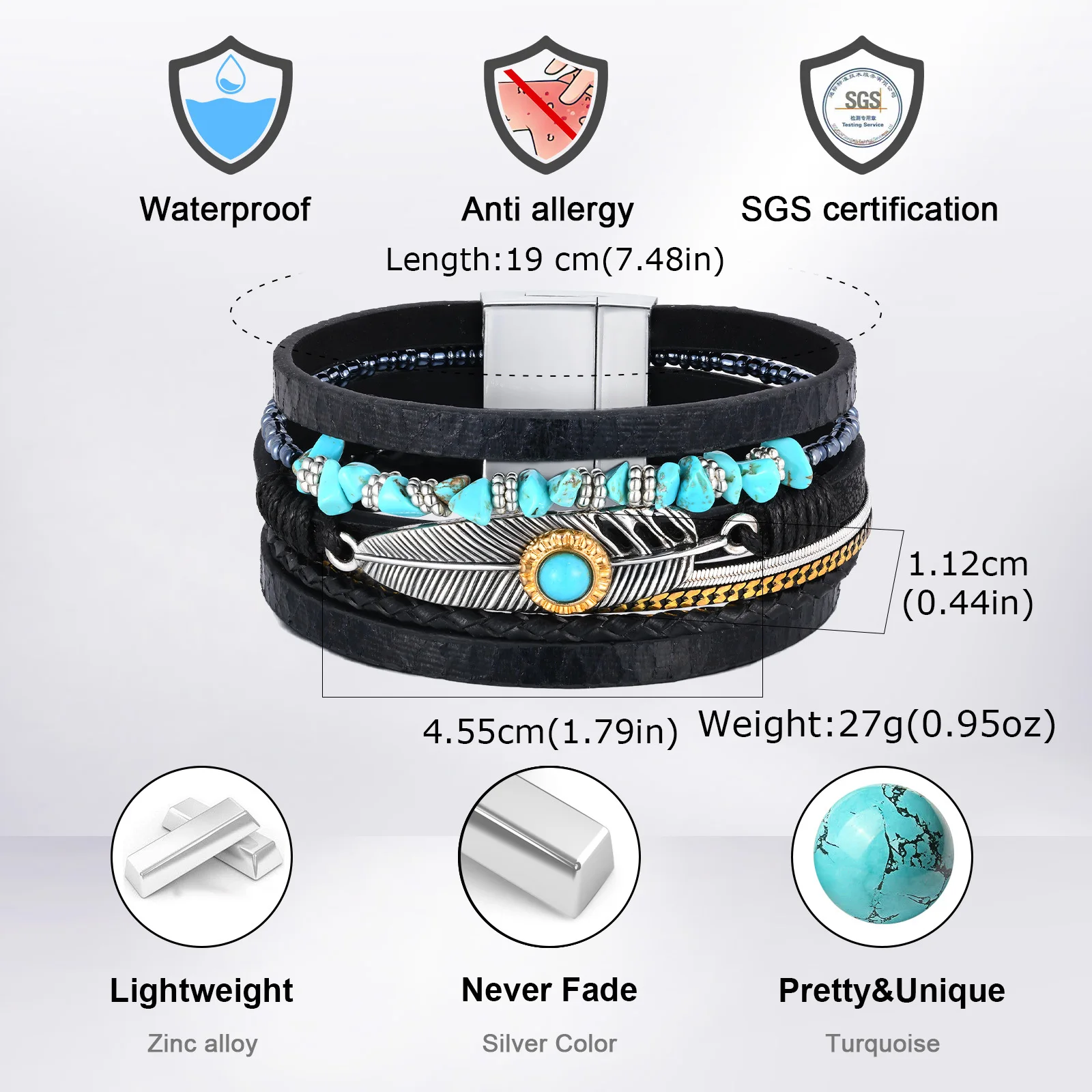 Ethnic Chunky Leather Bracelet for Men,Feather Charm Natural Turquoise 5 Lrayers Leather Bracelet,Father's Dad Gift - Image 6