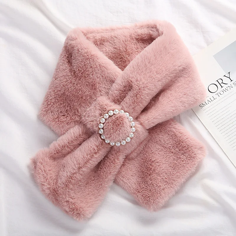 Korean Faux Rabbit Fur Collar Pearl Button Cross Plush Scarf Female Winter Double Sided Thick Neck Protection Warm Shawl T40