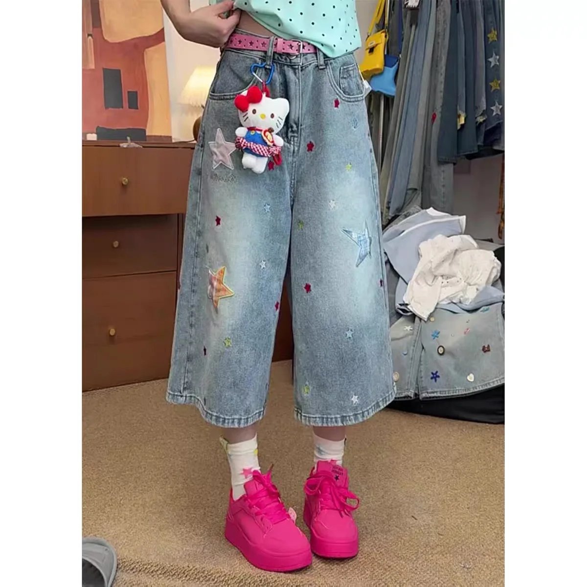 

Retro Light Blue Straight Leg Denim Jeans Women's Star Patch Summer New plus Size Loose Slimming Wide Leg Pants