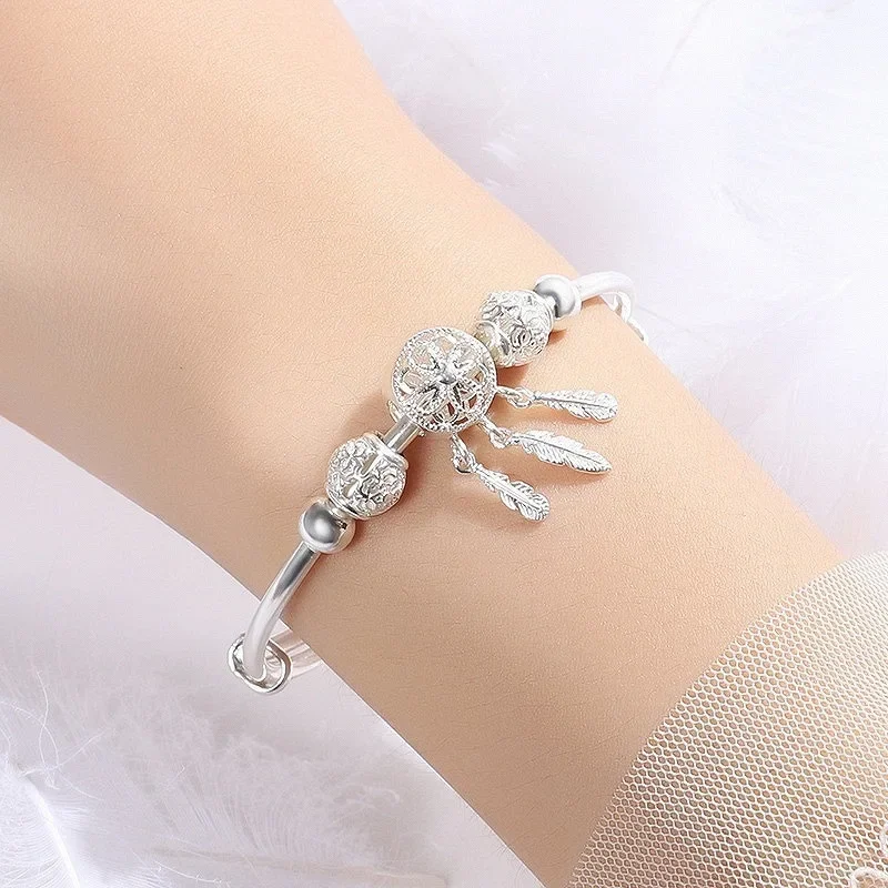 925 Sterling Silver Bangle Woman Dreamcatcher Tassel Feather Round Bead Adjustable Charm Bracelet Luxury Wedding Jewelry Gifts