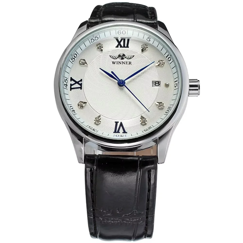 WINNER WATCH sleek minimalist white Roman numerals dial, low profile men's watch black belt mechanical watch