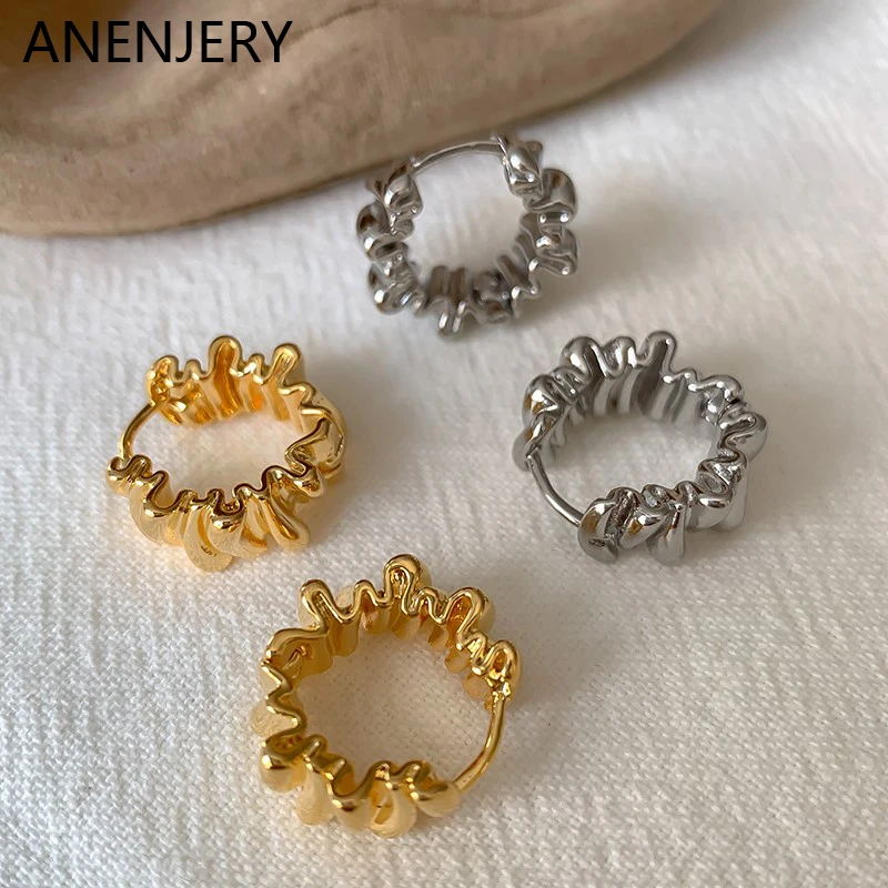 ANENJERY Geometric Pleated Hoop Earrings for Women Niche Design Chunky Earrings Party Jewelry Gifts Pulseras Mujer