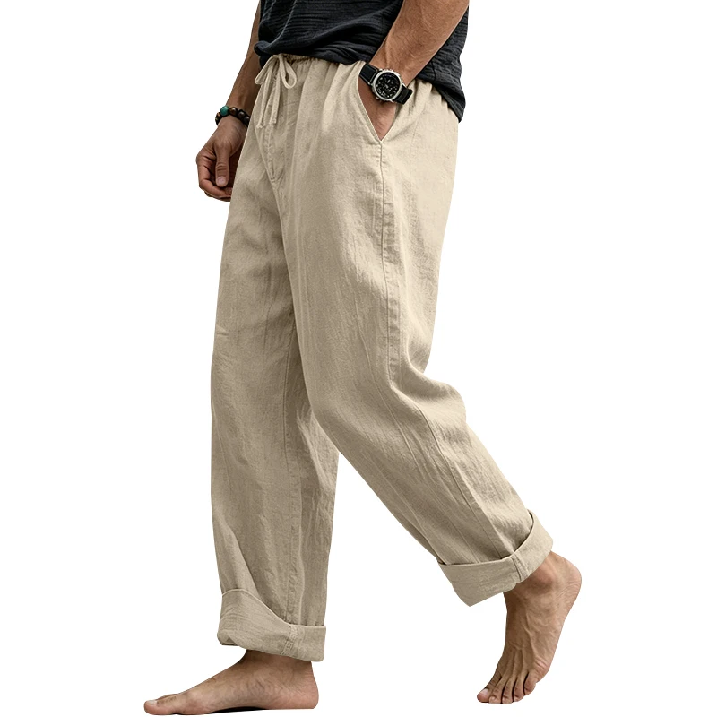 Sommerliche Herren-Leinenhose, Lässige Hawaiian-Hose mit Elastischem Kordelzug, Atmungsaktive Gerade Lange Hose mit Taschen für Alltag und Zuhause – Detail 24