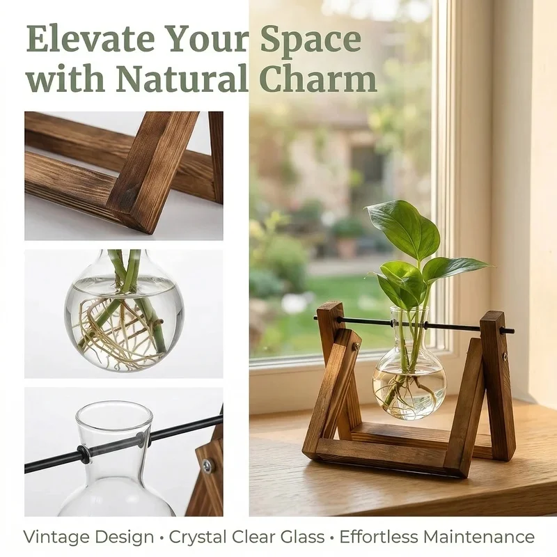 3 Pcs Hydroponic Propagation Station Set, Wooden A-Frame Glass Vase with Gold Cube and Ceramic Elephant Holder, Indoor Decor