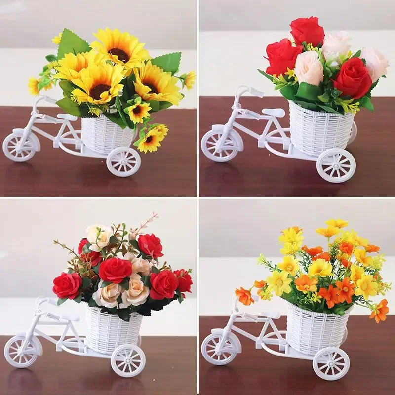 Symulacja kwiatów, dekoracje, kosz z rattanu na kwiaty, trójkołowy rower, model roweru, dekoracja domu, ogrodu, na wesele, romantyczna i urocza.