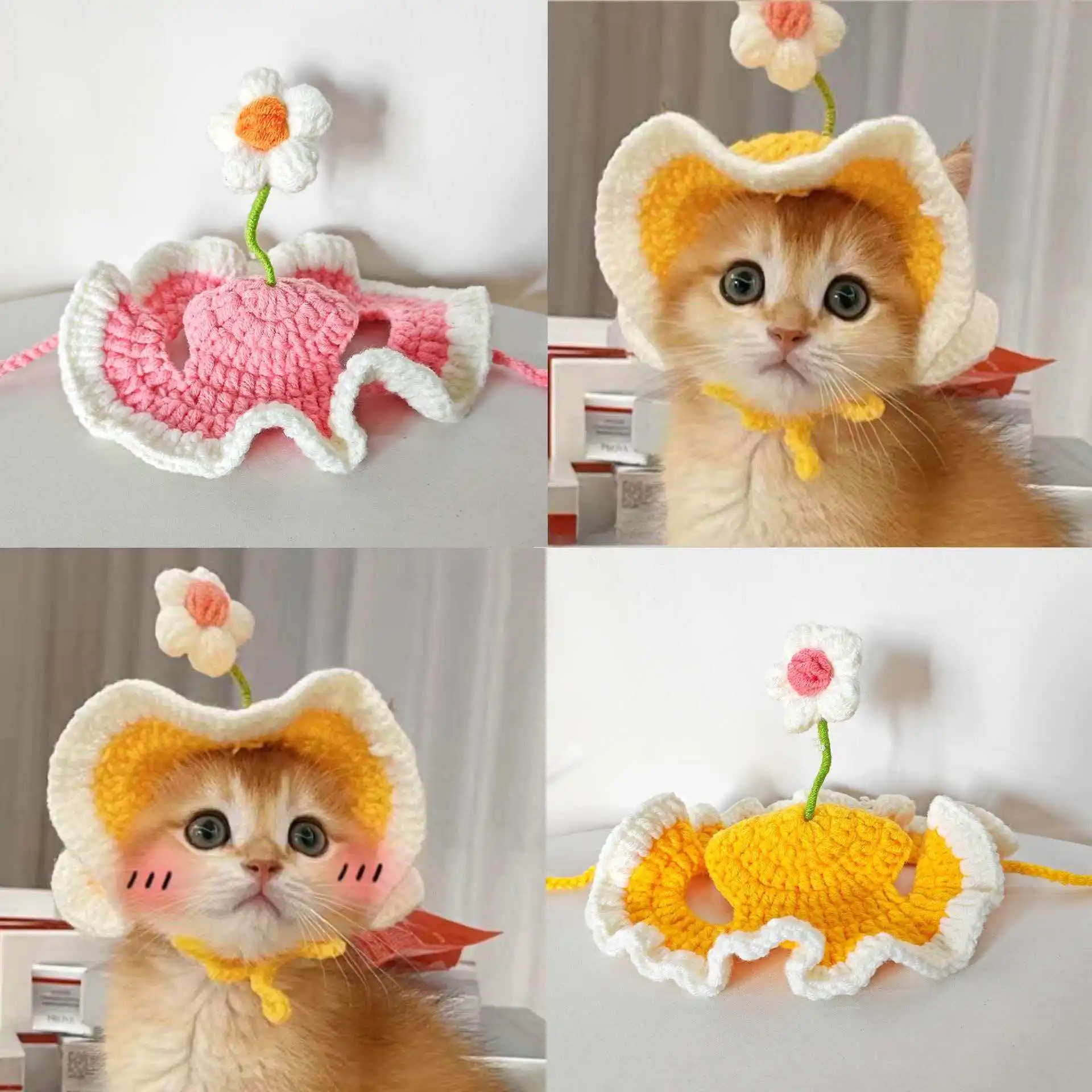 Chapéu de gato, bonito flor crochê chapéu de gato de malha traje headwear para gatinho cão filhote de cachorro animal de estimação pequeno boné de malha roupas decoração