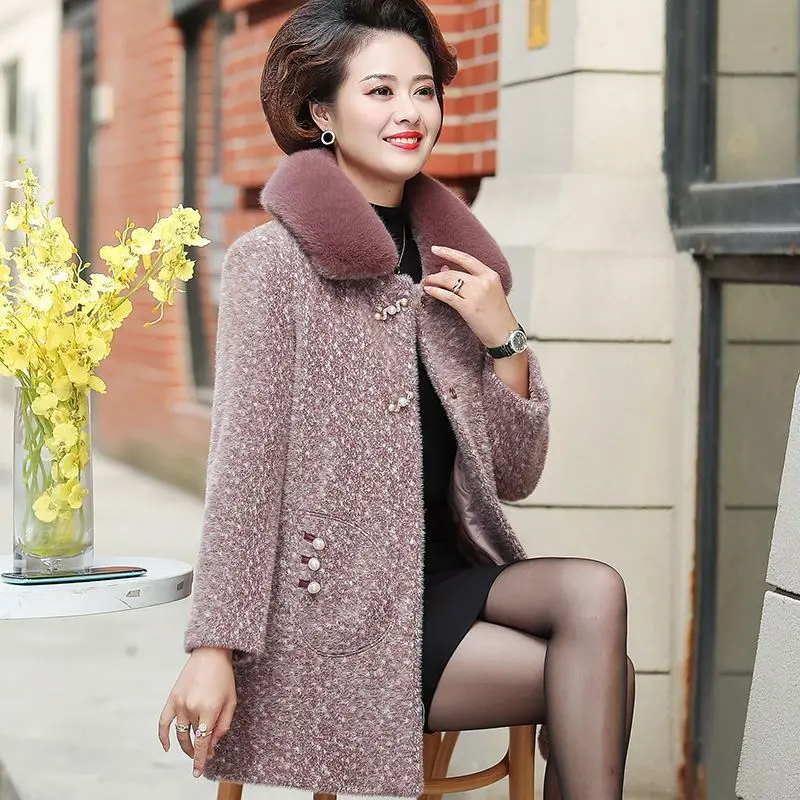 

Высококачественная норковая шуба, женская новая шерстяная куртка для мам среднего возраста, осень-зима, модная верхняя одежда с меховым воротником в стиле вестерн, женский топ