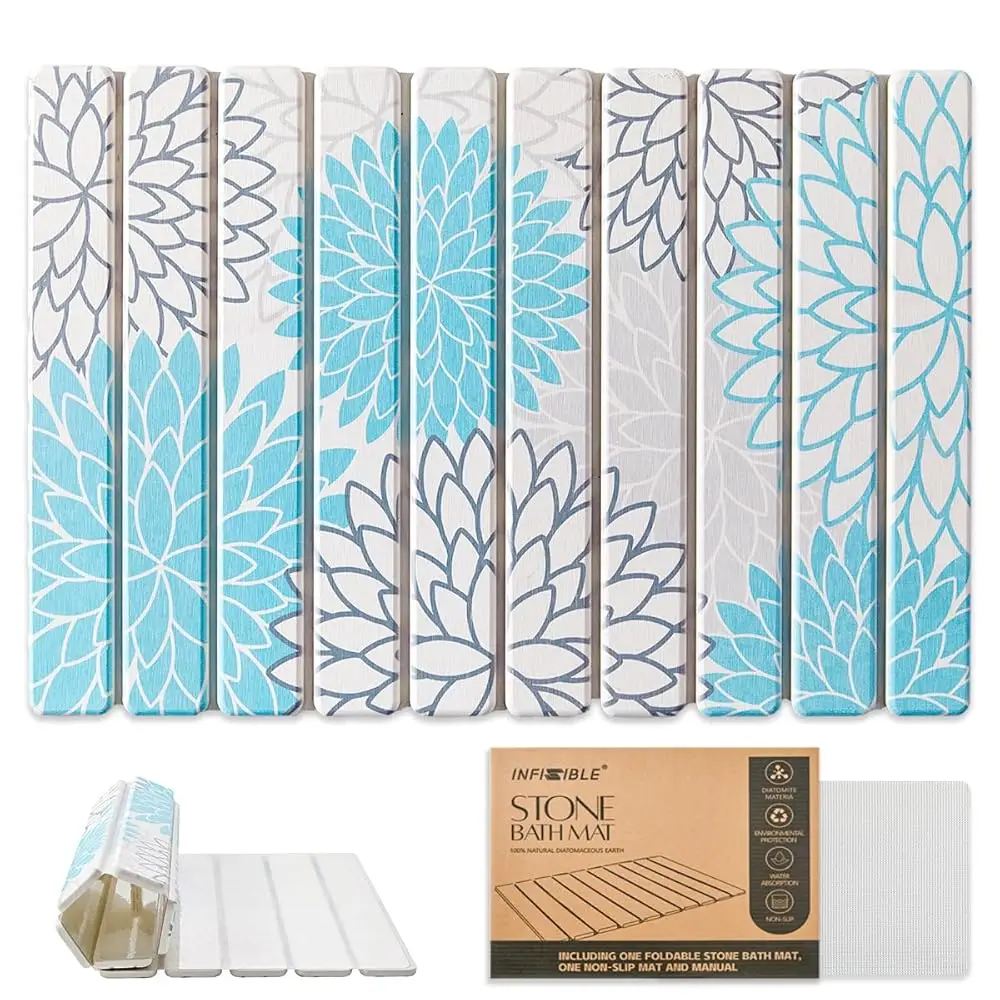 

Foldable Stone Bath Mat - 24x16 Inch, Super Absorbent Diatomaceous Earth Large Bath Mats for Bathroom, Quick Dry Non-Slip Sto